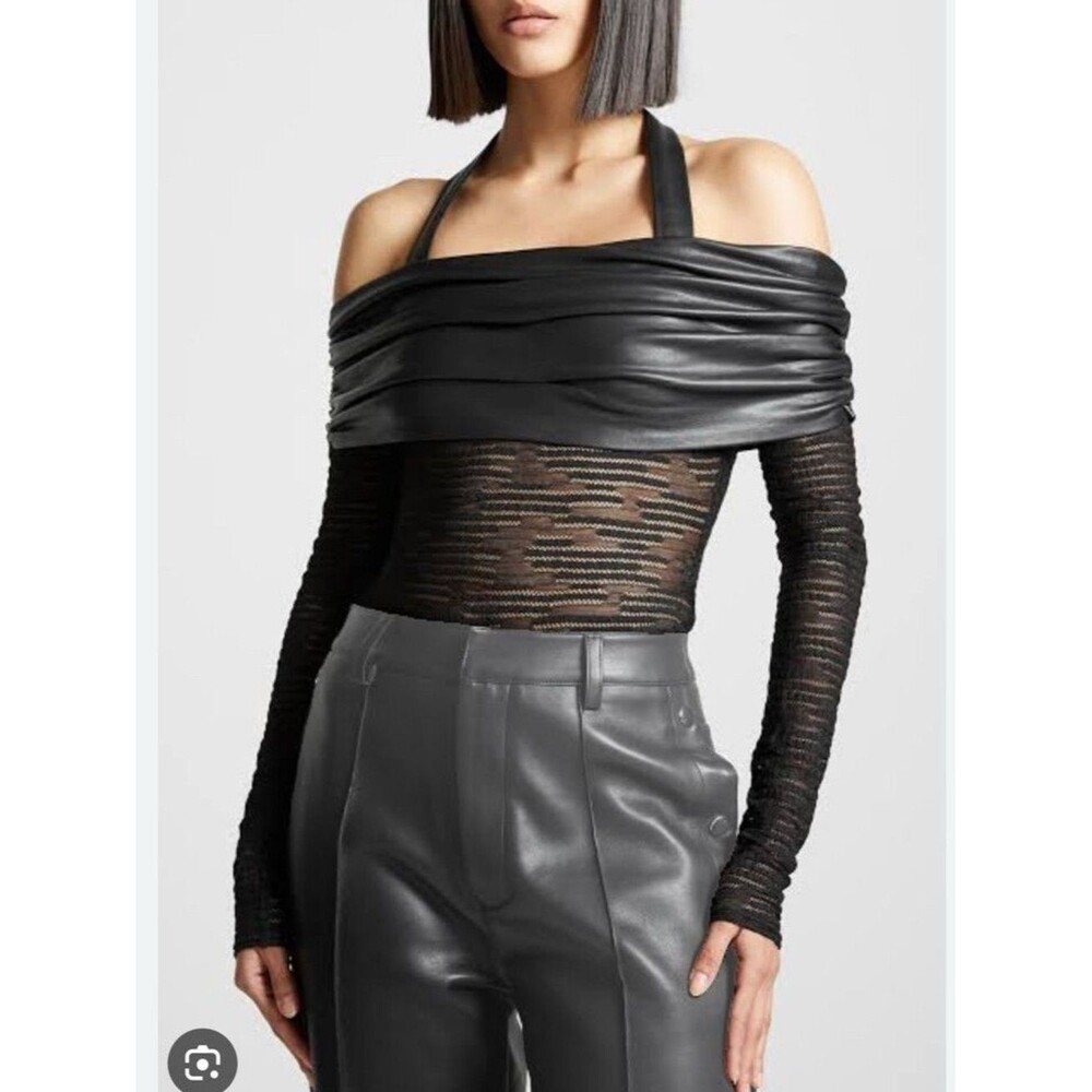 NWT Maniere De Voir Mesh Vegan Leather Bardot Black Bodysuit Size 6